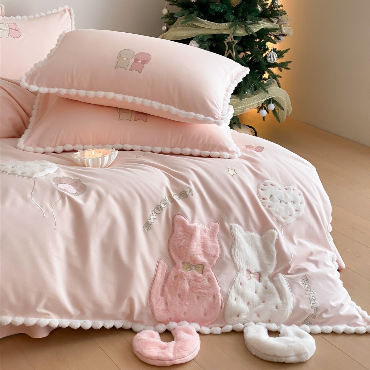 Princess Style Meow Miss Embroidered Super Soft Warm Bedding Single and Double Bedding Pure Cotton Brushed Three or Four Piece Set