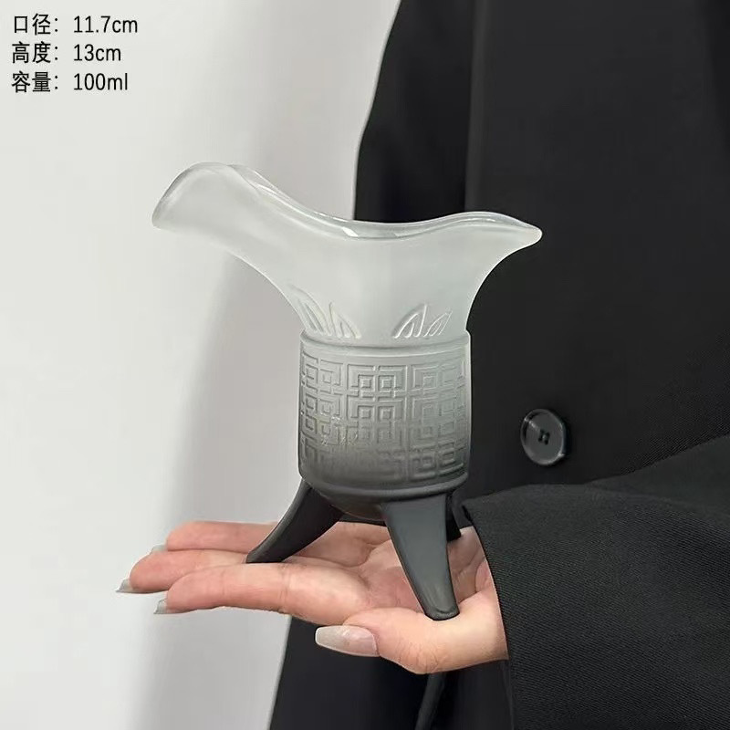 仿古爵杯复古秦始皇奶茶杯三足杯子磨砂渐变黑杯|undefined