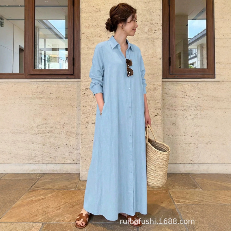 In-Stock European and American New Style Solid Color Lapel Long-Sleeve Pocketed Simple Loose Casual Long Dress Plus Size In-Stock European and American New Style Solid Color Lapel Long-Sleeve Pocketed Simple Loose Casual Long Dress Plus Size