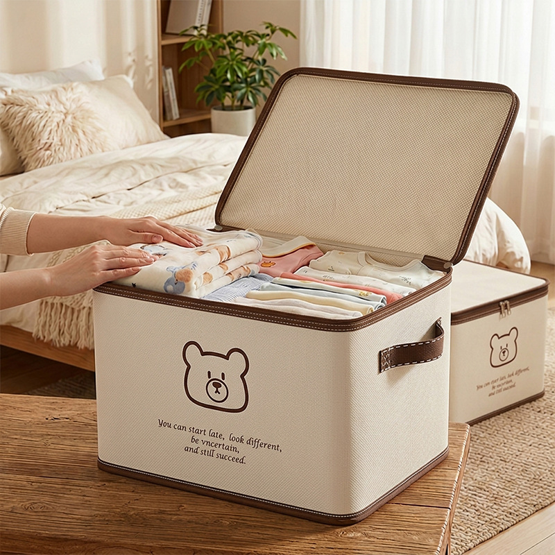 Caja de oso beige, armario doméstico, caja de acabado, caja de almacenamiento de juguetes, caja de almacenamiento plegable de gran capacidad
