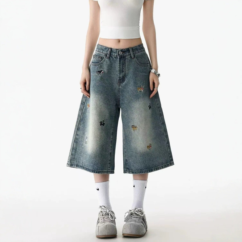 American-Style Embroidered Cropped Pants for Women, Summer Thin Wide-Leg Denim Shorts, Loose Slimming Cropped Jeans