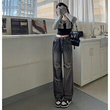 破洞牛仔裤女直筒宽松2025年新款春秋韩版高腰显瘦垂感拖地阔腿裤