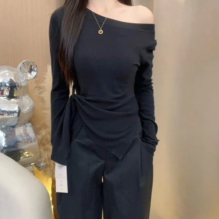 一件代发直播爆款一字肩领不规则条纹系带长袖法式减龄打底衫上衣|undefined