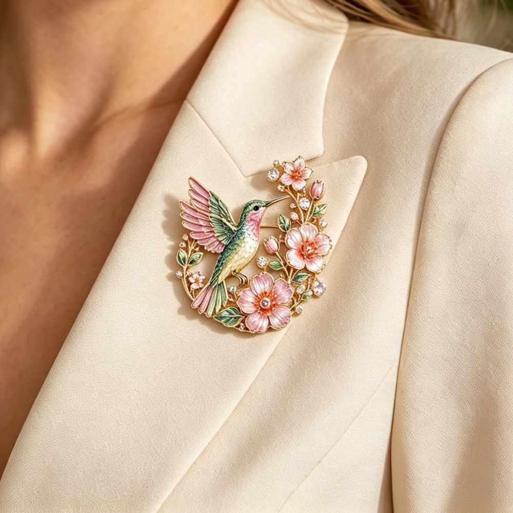 New European and American cross-border style peach blossom hummingbird brooch with diamonds for women, fashionable enamel high-end niche design