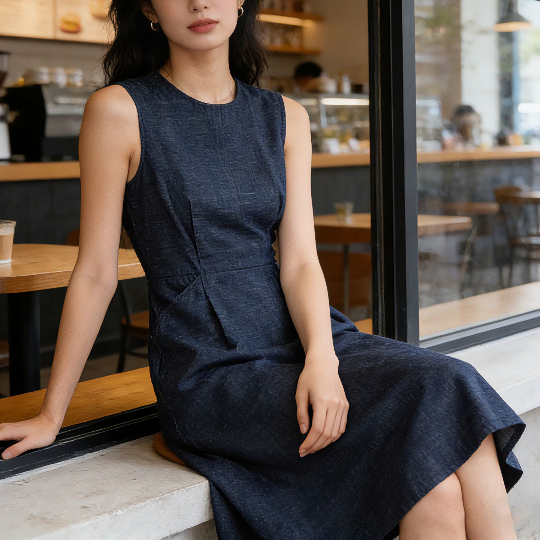 Đầm denim nữ không tay cổ tròn thắt eo dáng midi — Xanh da trờicolor chi tiết 4