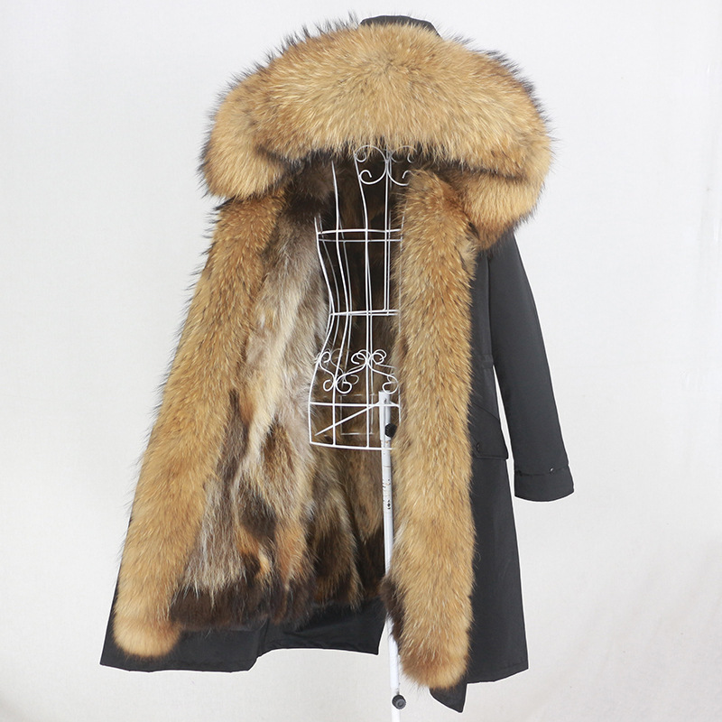Pike Fur Coat Women's Detachable Fox Fur Coat Fashionable Warm Real Fur Pike Coat Raccoon Fur Collar