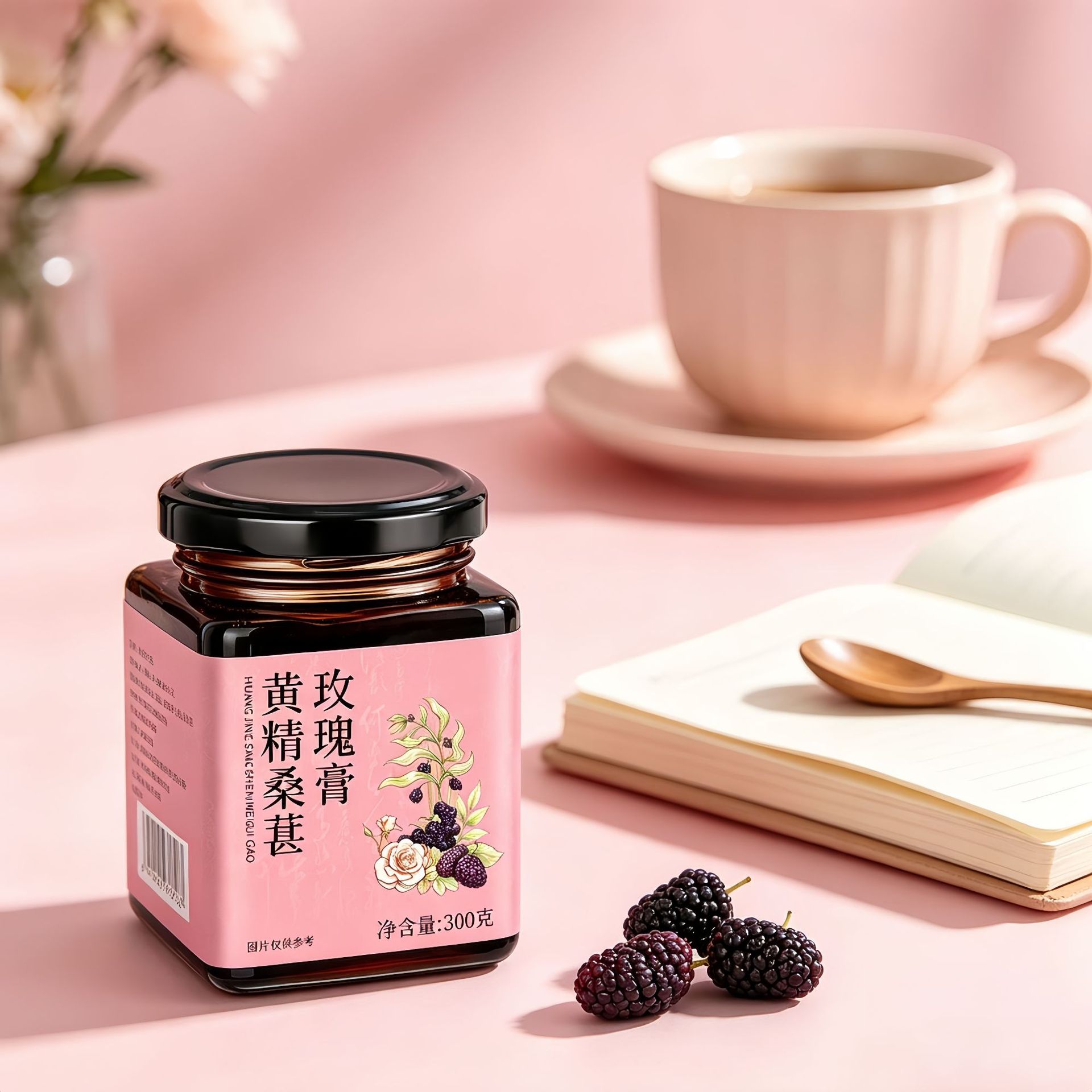 Huangjing Sangmei Paste 300g Bottle Polygonatum Mulberry Rose Herbal Honey Paste Ready to Eat in use