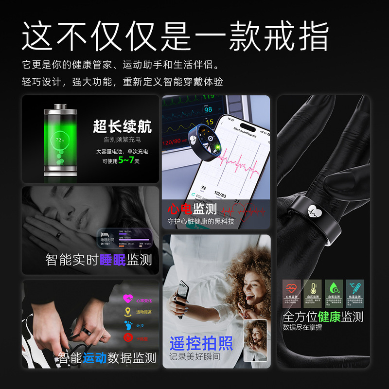 ECG智能戒指心电心率血氧血压血糖体温睡眠运动自动监测远程关爱|undefined