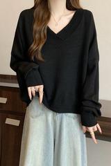 胖mm大码慵懒风V领套头毛衣女秋秋新款显瘦宽松遮肚子长袖针织衫