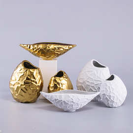 软装工艺品铝金属干插花花瓶摆件 美式轻奢家居客厅果盘花瓶装饰