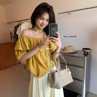 清仓不退换简约韩系气质荷叶领可一字肩小衫女夏 配蕾丝飘带20733