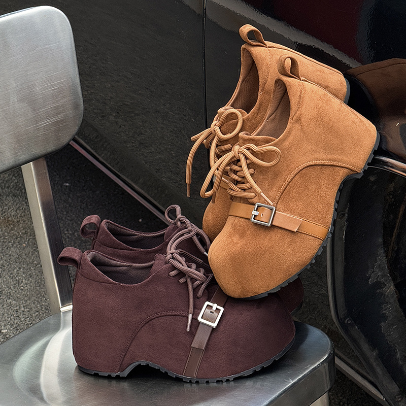 厚底内增高绒面大头勃肯鞋女2025秋季新款显脚小复古休闲运动鞋