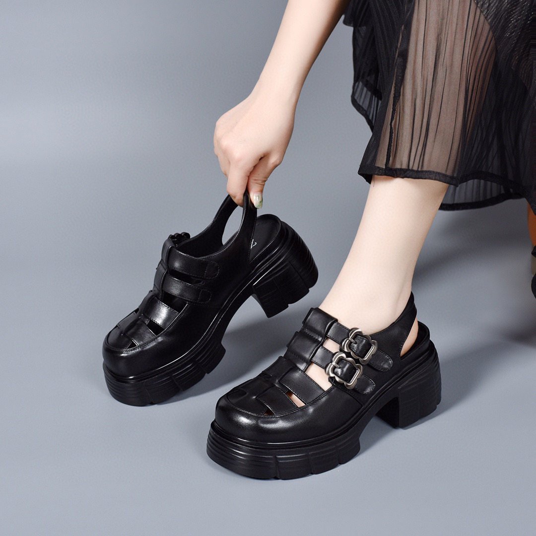 Sandal nữ da thật mũi tròn gót thô đế dày kiểu La Mã quai dệt rỗng — màu đen