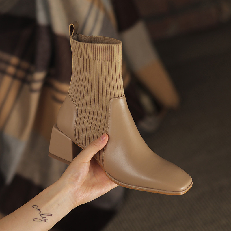Cross-border plus size Martin Boots Autumn and Winter New Thick Mid-heel Square Toe Short Boots Women's Knitted Thin Socks Boots Stretch Single Boots Cross-border plus size Martin Boots Autumn and Winter New Thick Mid-heel Square Toe Short Boots Women's Knitted Thin Socks Boots Stretch Single Boots