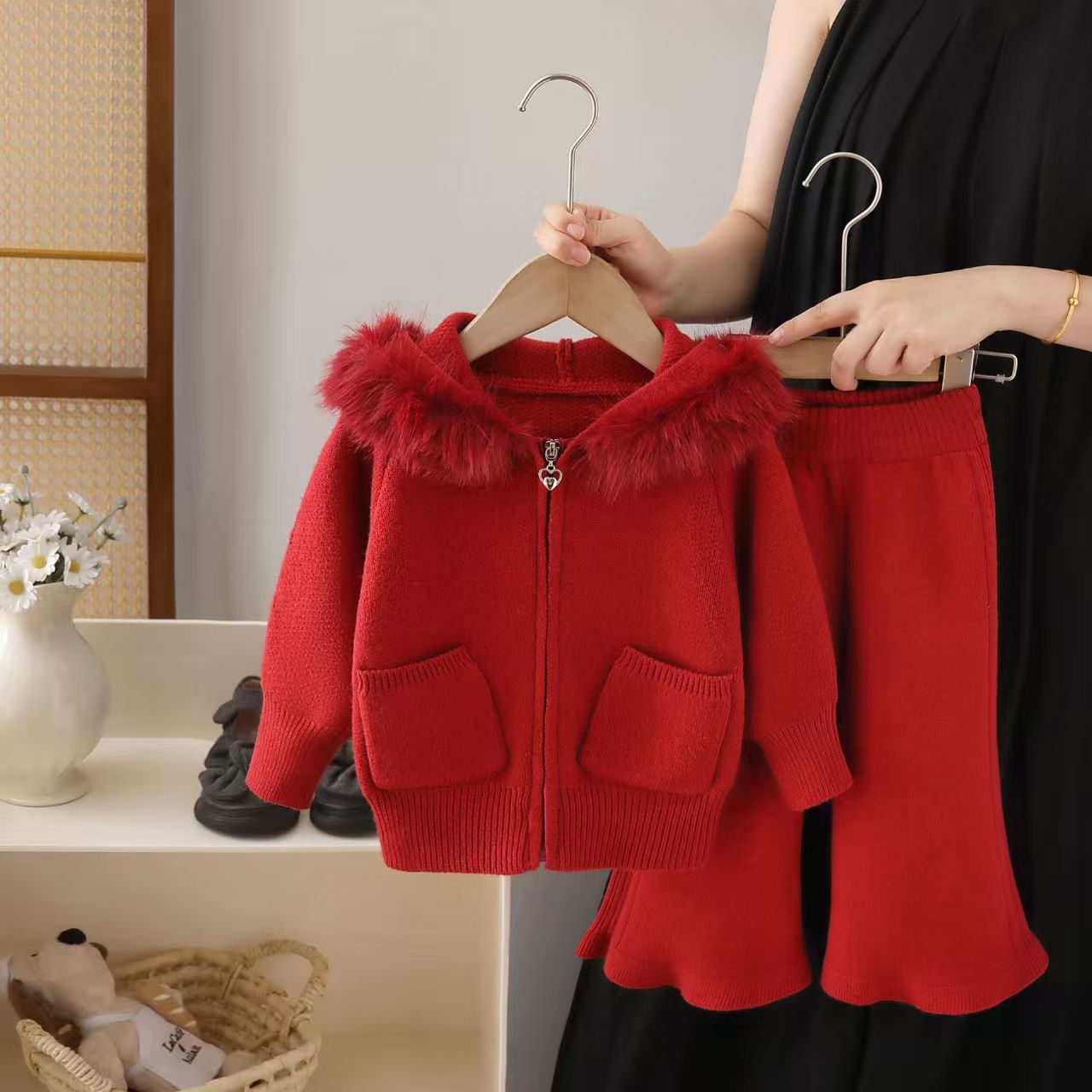 Children's sweater, demi-season set, cardigan with hood, solid color T-shirt, loose fit 4