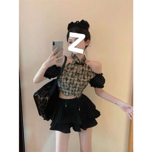 New Chinese Style Pure Desire Style Open Shoulder Butterfly Print Plaid Stitching Short-sleeved Chiffon Shirt Women's Spice Girl Short Top