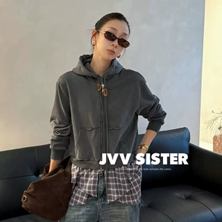 JVV十三行2026秋季新款设计感格纹拼接假两件上衣卫衣外套女91229