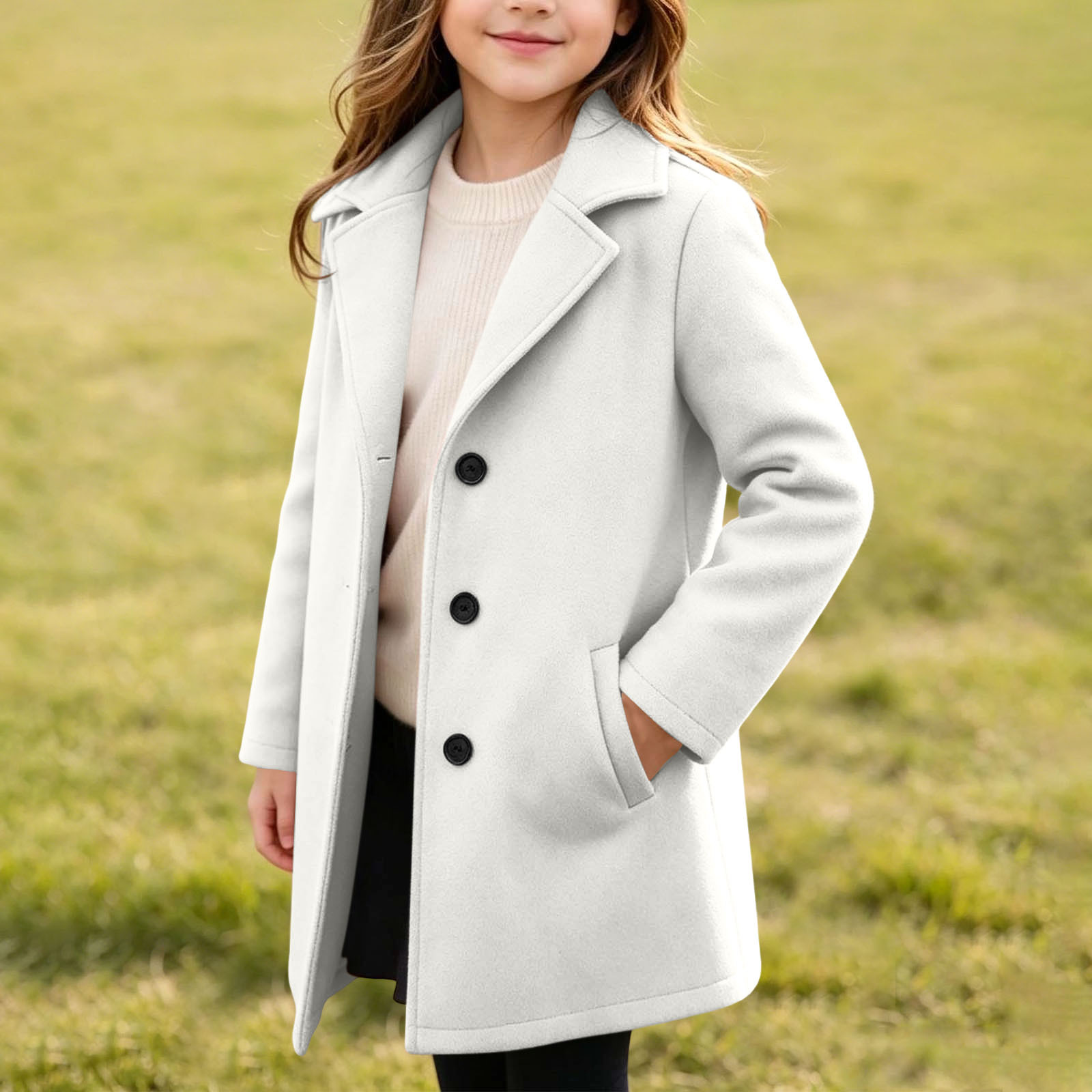 Girls' autumn and winter mid-length woolen coat, solid color versatile jacket, new stylish and warm children's woolen coat