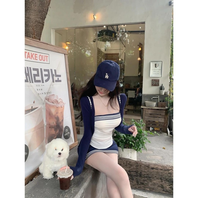 韩版学院风撞色条纹背心开衫半身裙三件套女2025秋季新款时尚套装|undefined