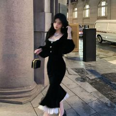 高级复古丝绒长袖连衣裙女秋冬新款气质温婉显瘦小黑裙鱼尾裙子女