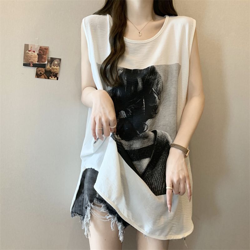 Plus-Size European and American Style Printed Sleeveless T-Shirt for Women, 2026 Summer New Loose Fit Slimming Top for Plus-Size Women