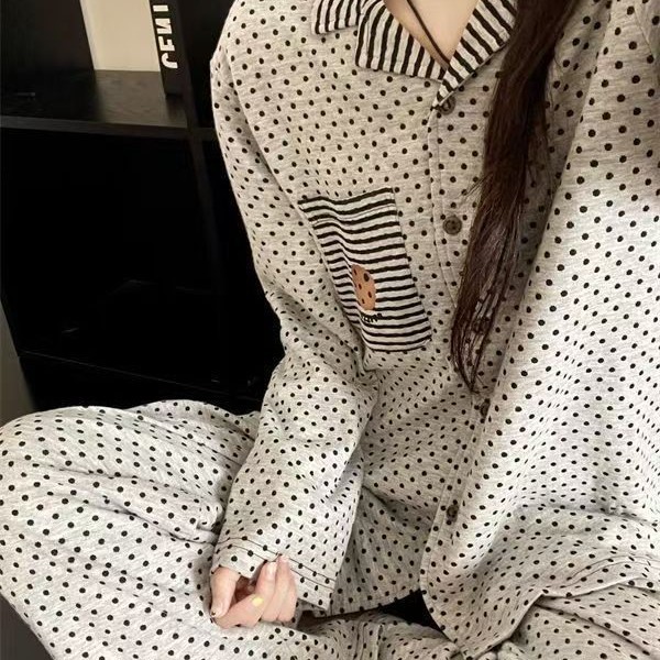 韩版简约波点曲奇睡衣女春秋季ins套装长袖长裤可外穿休闲家居服|undefined