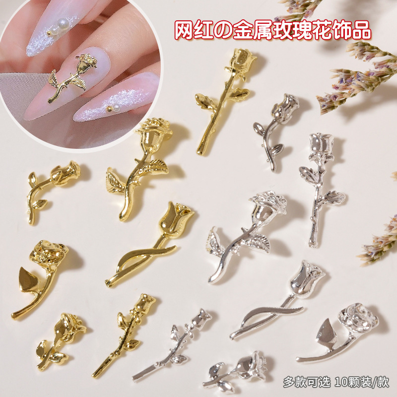 Nail metal rose alloy jewelry new net red light luxury three-dimensional rose silver nail accessories diamond wholesale