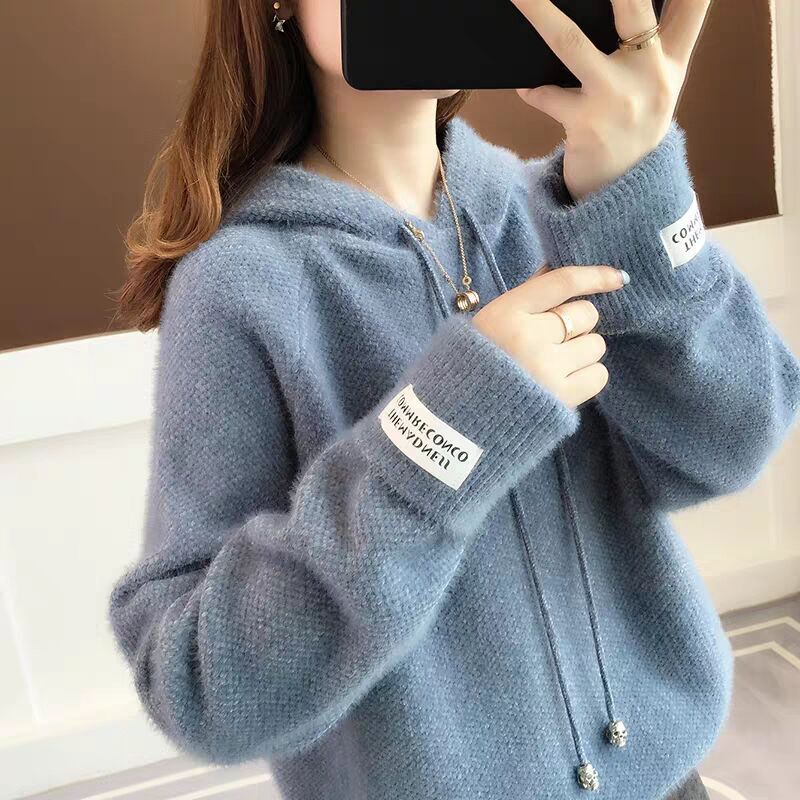 Winter 2022 new ladies loose lazy style hooded chenille women's autumn and winter pullover thick sweater