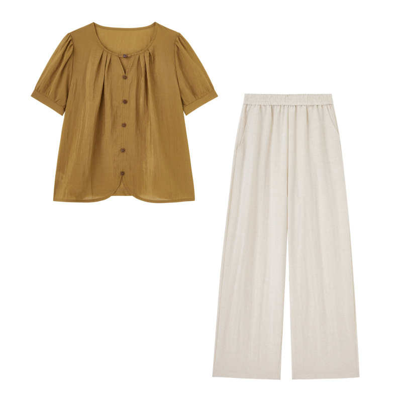 女性のためのootd衣装年齢軽減スーツの完全なセット2025夏の新しいシャツトップ気質ワイドレッグパンツ2点セット|undefined