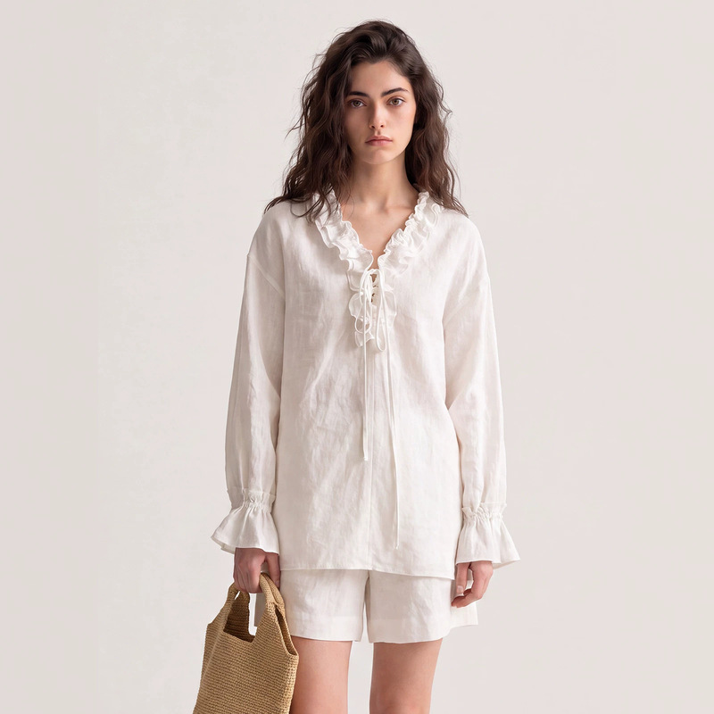 French-Style Lazy Chic Ruffled Linen Shirt for Women, 2026 New Model, Hand-Tied Loose V-Neck Top