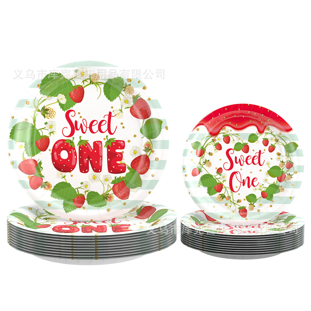 Amazon Spot Strawberry Theme Cumpleaños Fiesta Decoración Niños Años Bandeja de papel desechable Tira de papel Juego de bandera