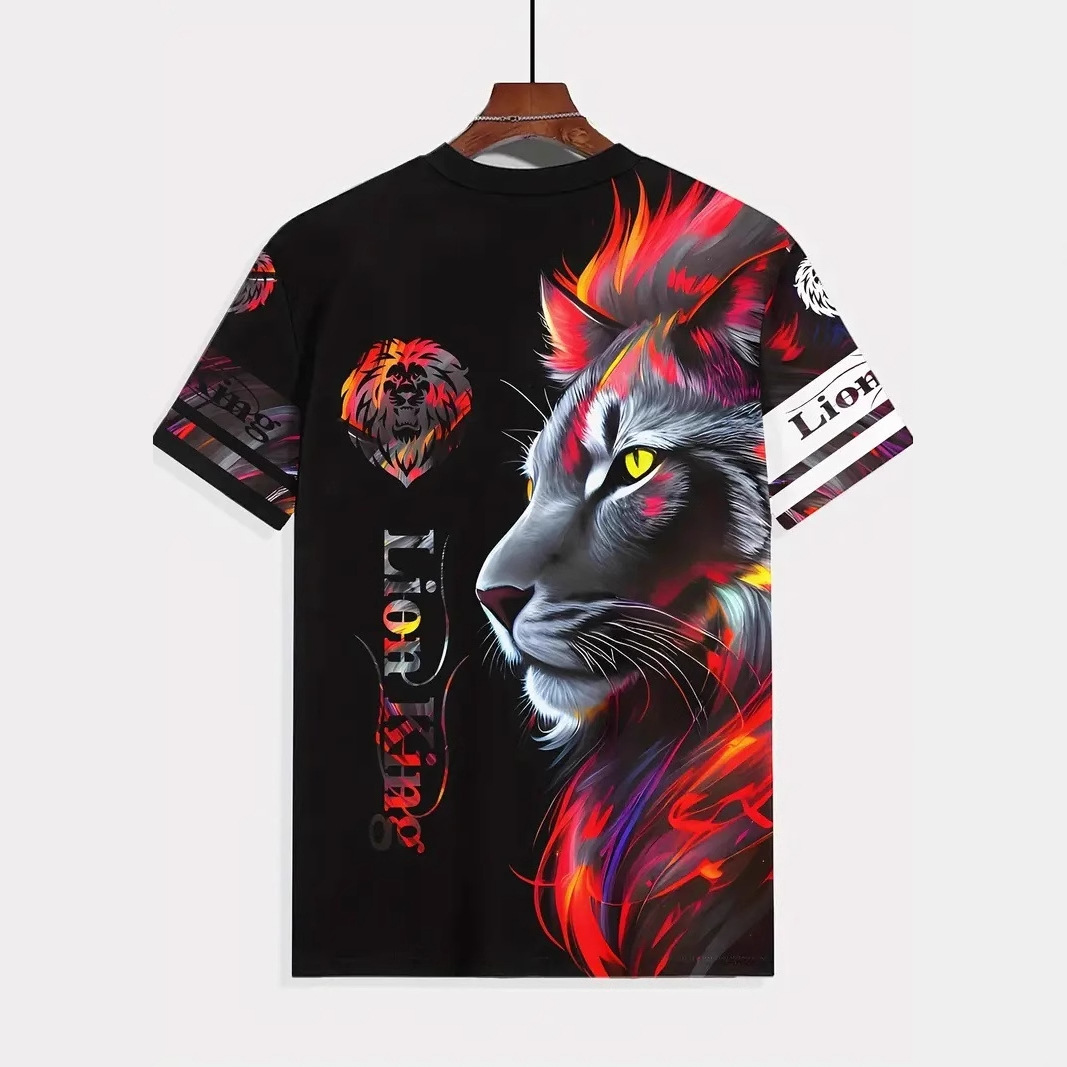 Colorido león KING venta caliente impresión 3D hombre calle suelta transpirable hombro jersey manga corta cuello redondo camiseta