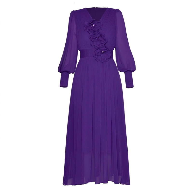 Autumn and Winter European and American Atmospheric Design Three-dimensional Flower V-neck Silk Elegant Long Dress Banquet Host Bridal Dress