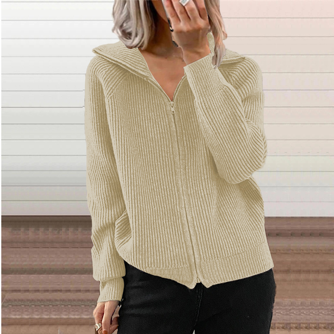Otoño e invierno transfronterizo europeo y americano Nuevo abrigo casual a rayas suéter suelto cremallera cardigan manga larga suéter de solapa para mujer image 11