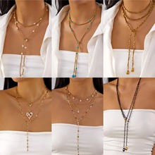 欧美跨境新款长款流苏缠绕项链合集时尚百搭彩色滴油Y型多层项链