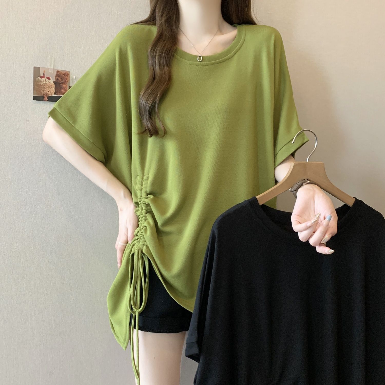 Plus-Size Stylish Drawstring Short-Sleeve T-Shirt for Women, Summer 2026 New Korean Style, Loose Fit, Slimming, Tummy-Covering, for Chubby Women