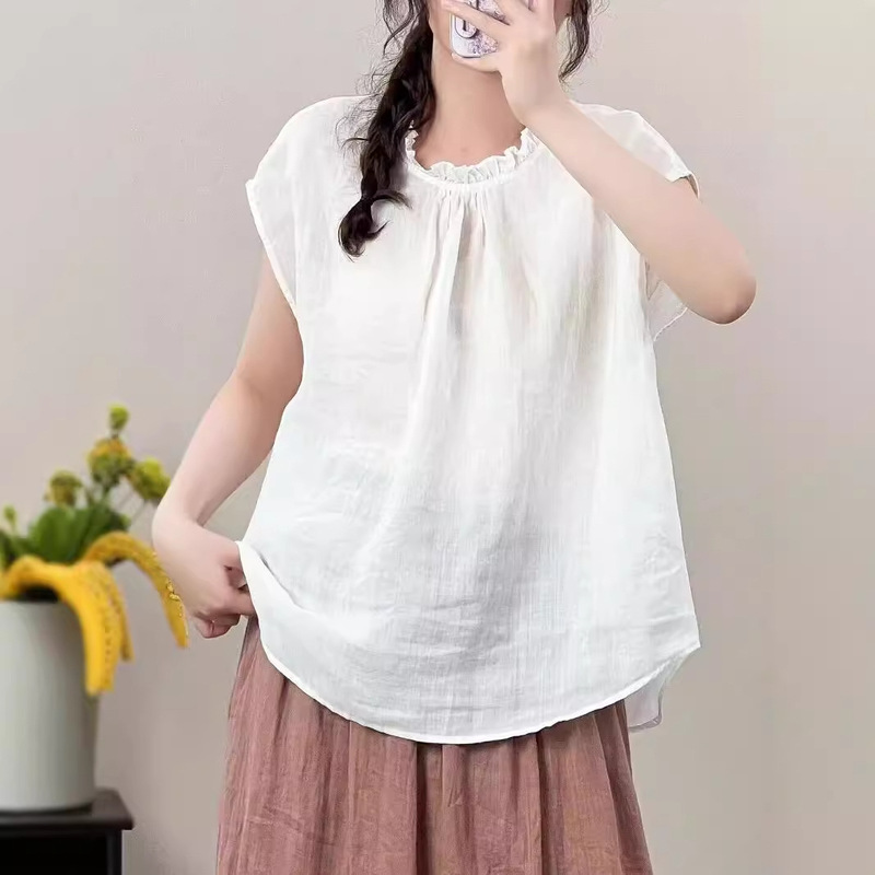 Artistic Ramie Shirt for Women 2025 Summer Vintage Solid Color Lace Collar Shirt Reversible Open Button Loose Thin T-Shirt