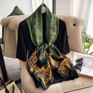 110cm Retro Dark Green Chest-Wrapped Silk Scarf Large Square Scarf Women's Thin Sun Protection Shawl Scarf Square Oversized Gauze Scarf