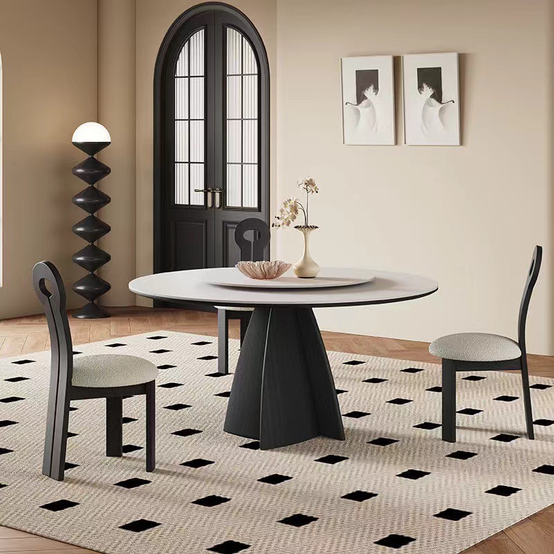 Mesa de comedor de madera maciza francesa doméstica negra minimalista redonda con mesa giratoria italiana moderna simple blanco puro retro tablero de roca redonda