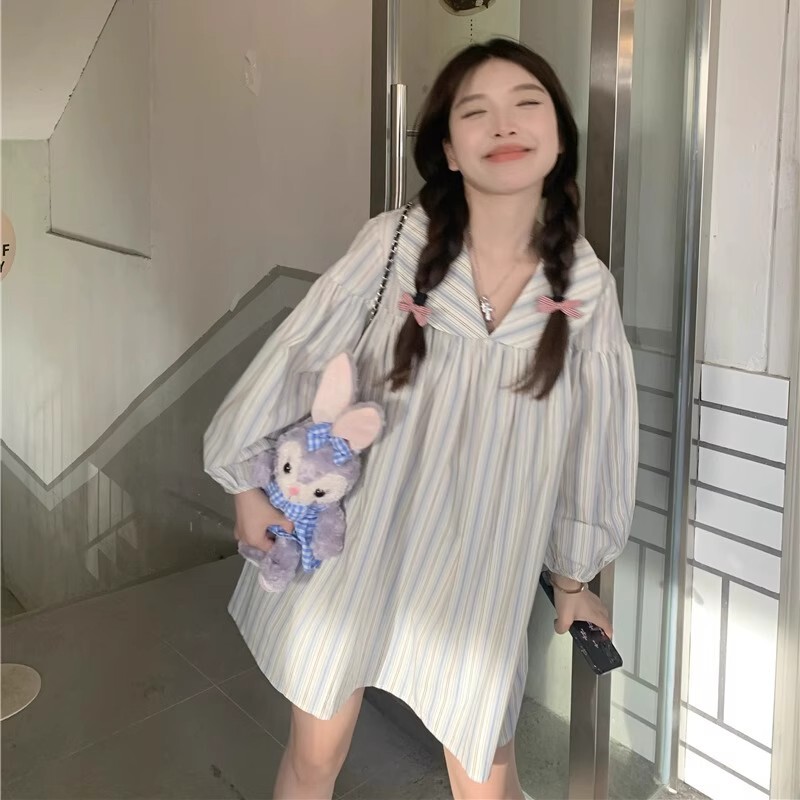 Doll Collar Striped Plus Size Sweet Cute Shirt Top for Women Korean Version Cute Casual Lantern Sleeve Loose Shirt Trendy