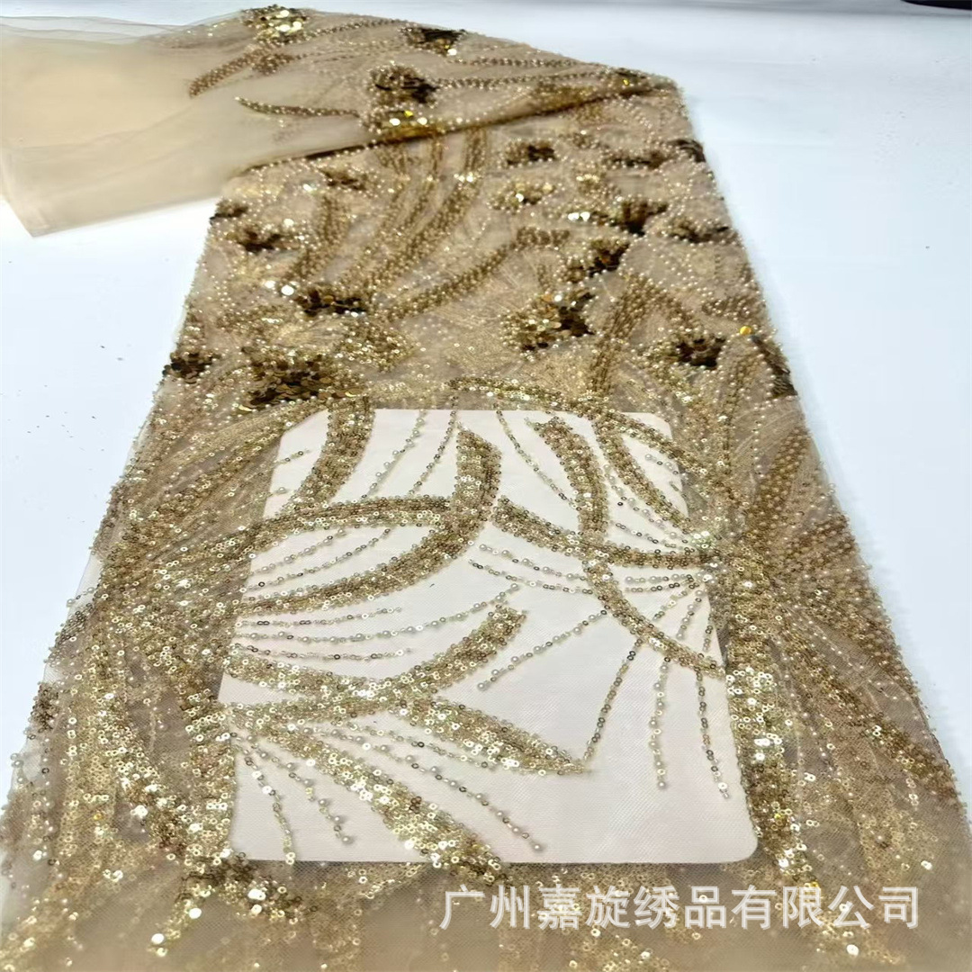 Nuevo transfronterizo de color sólido africano Xiaomi perlas rayas sequela bordado tubo de perlas encaje posicionamiento flor vestido de boda tela image 4