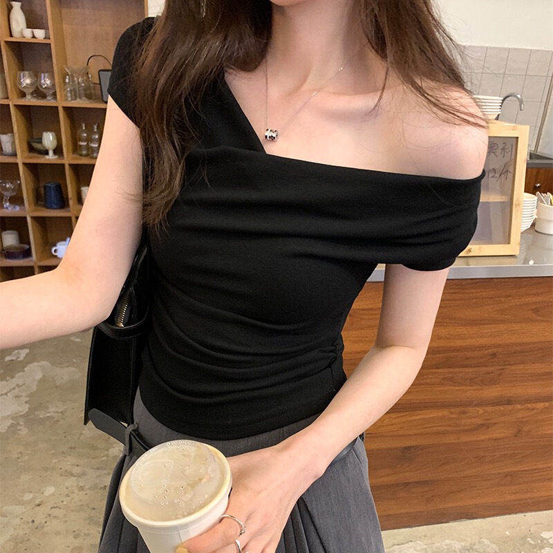 Yuejiaoer's Stylish Design with a Flared Neckline, Slim Fit, Stretchy Short-Sleeve T-Shirt, New Summer Style, One-Shoulder Cropped Top