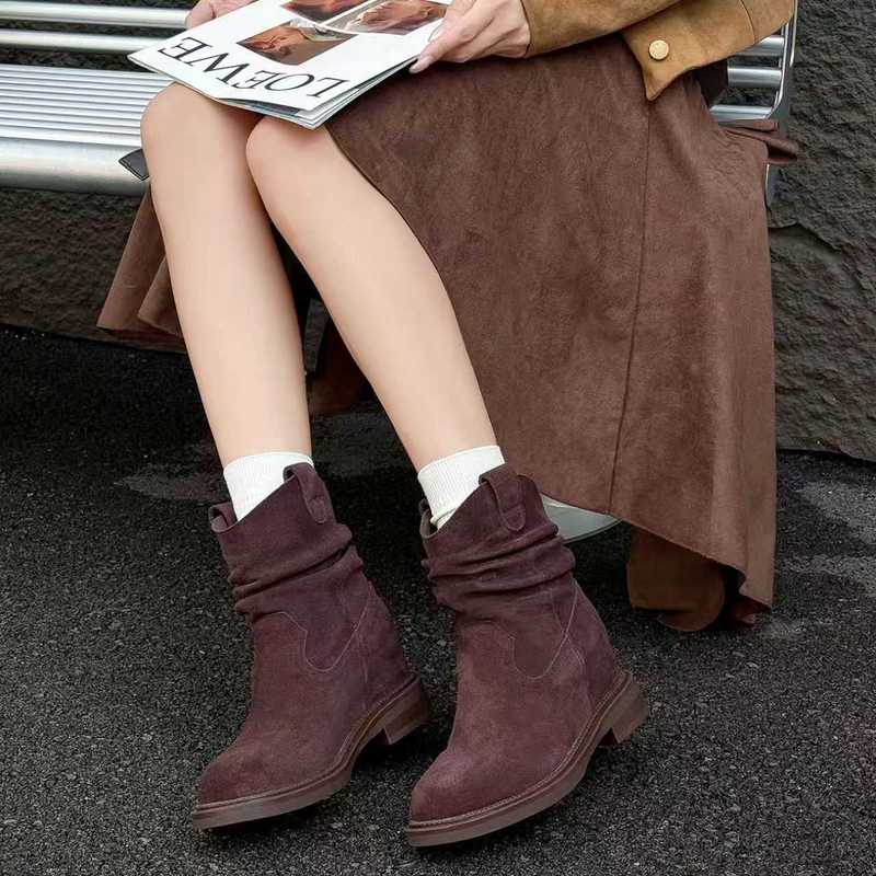 真皮内增高马丁靴女2025秋冬新款时尚百搭中筒显瘦堆堆褶皱复古靴|undefined