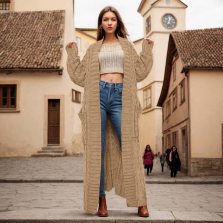 Damen-Strickjacke mit langen Ärmeln, einfarbig, langer Pullover, dicker Mantel_voghion.com