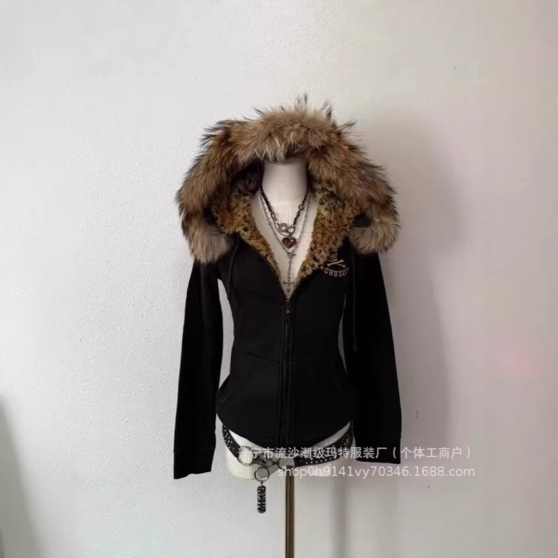 2026 Foreign Trade Y2K Spicy Girl Leopard Print Skull Fur Collar Hooded Sweatshirt Dark Subculture Short Zip-Up Jacket 2026 Foreign Trade Y2K Spicy Girl Leopard Print Skull Fur Collar Hooded Sweatshirt Dark Subculture Short Zip-Up Jacket
