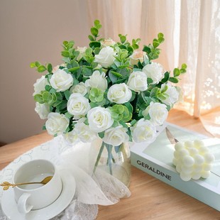 Cross-border artificial flower 5-pronged 11-head eucalyptus rose fake flower bouquet small fresh wedding scene decoration