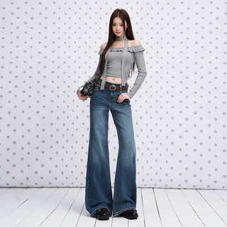 复古蓝高腰弹力微喇牛仔裤女2026年早秋新款宽松显瘦不贴腿拖地裤