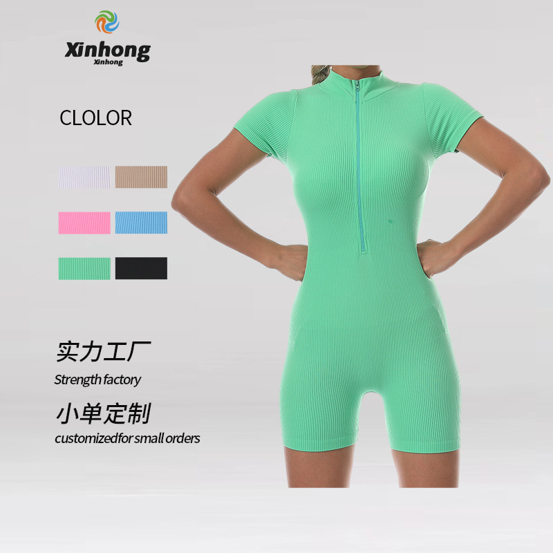 歐美拉鏈短袖瑜伽服彈力連體服女螺紋運動緊身跑步連體衣外穿