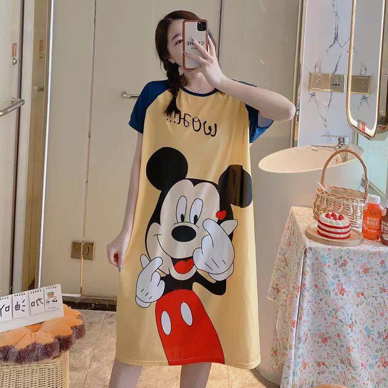 Pijamas de las mujeres de verano manga corta transpirable de dibujos animados delgada camisón suelto perezoso de las mujeres de longitud media de la fábrica al por mayor puede ser enviado en nombre