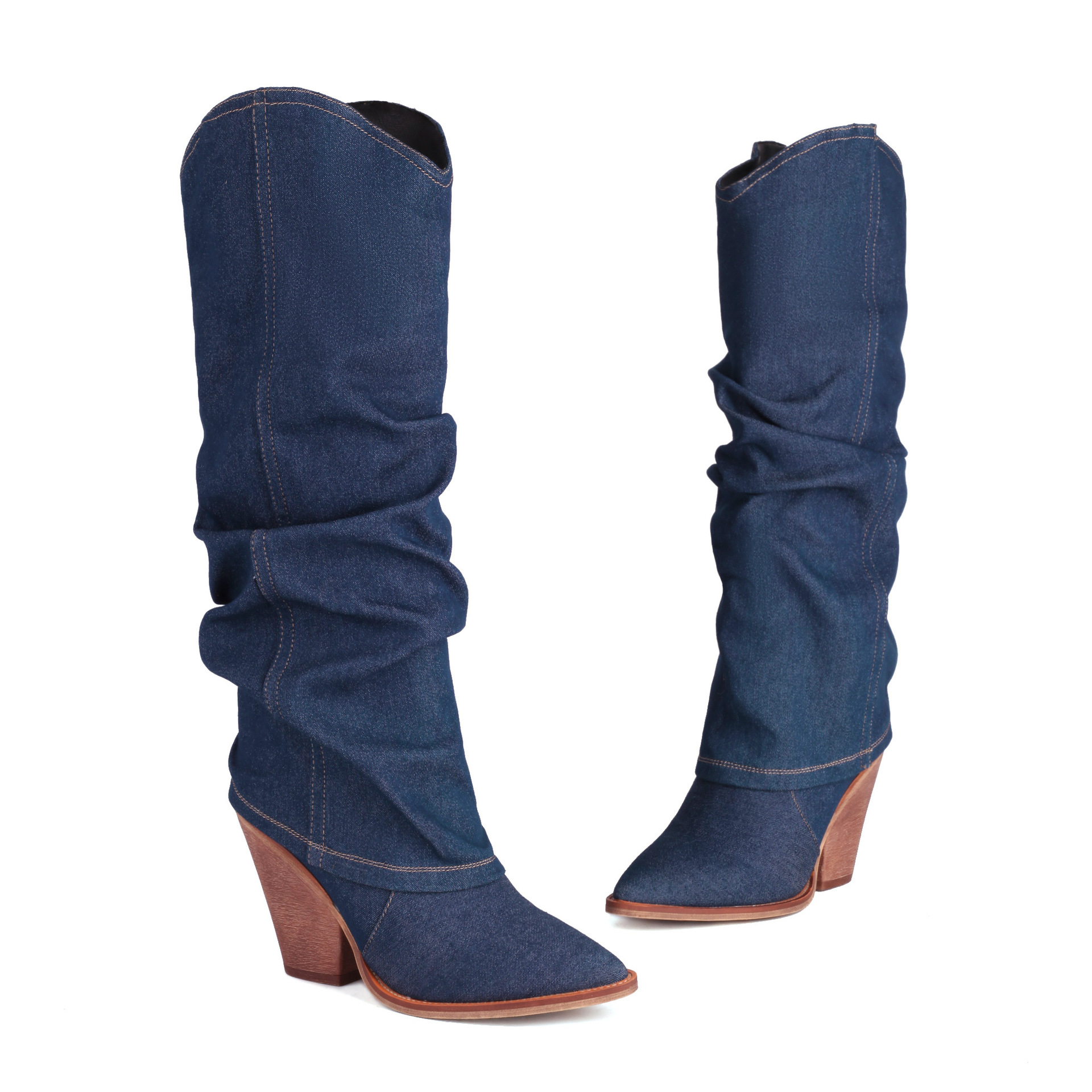 pointy toe chunky heel high tube boots